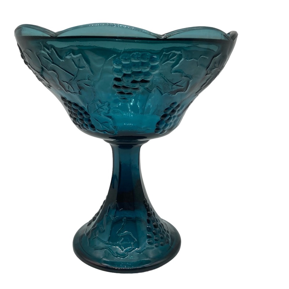 Indiana Glass teal pedestal dish grape pattern